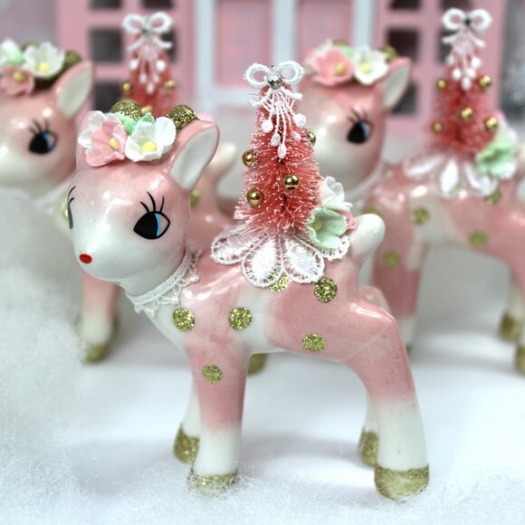 Pink Deer & Bottle Brush Tree Figurine: Vintage Style Christmas Decor - Picture 1 of 10